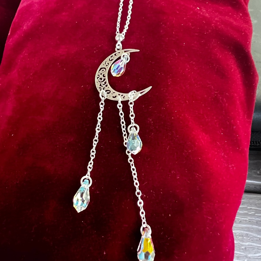 Silver Crescent Moon Necklace with Crystal Accents